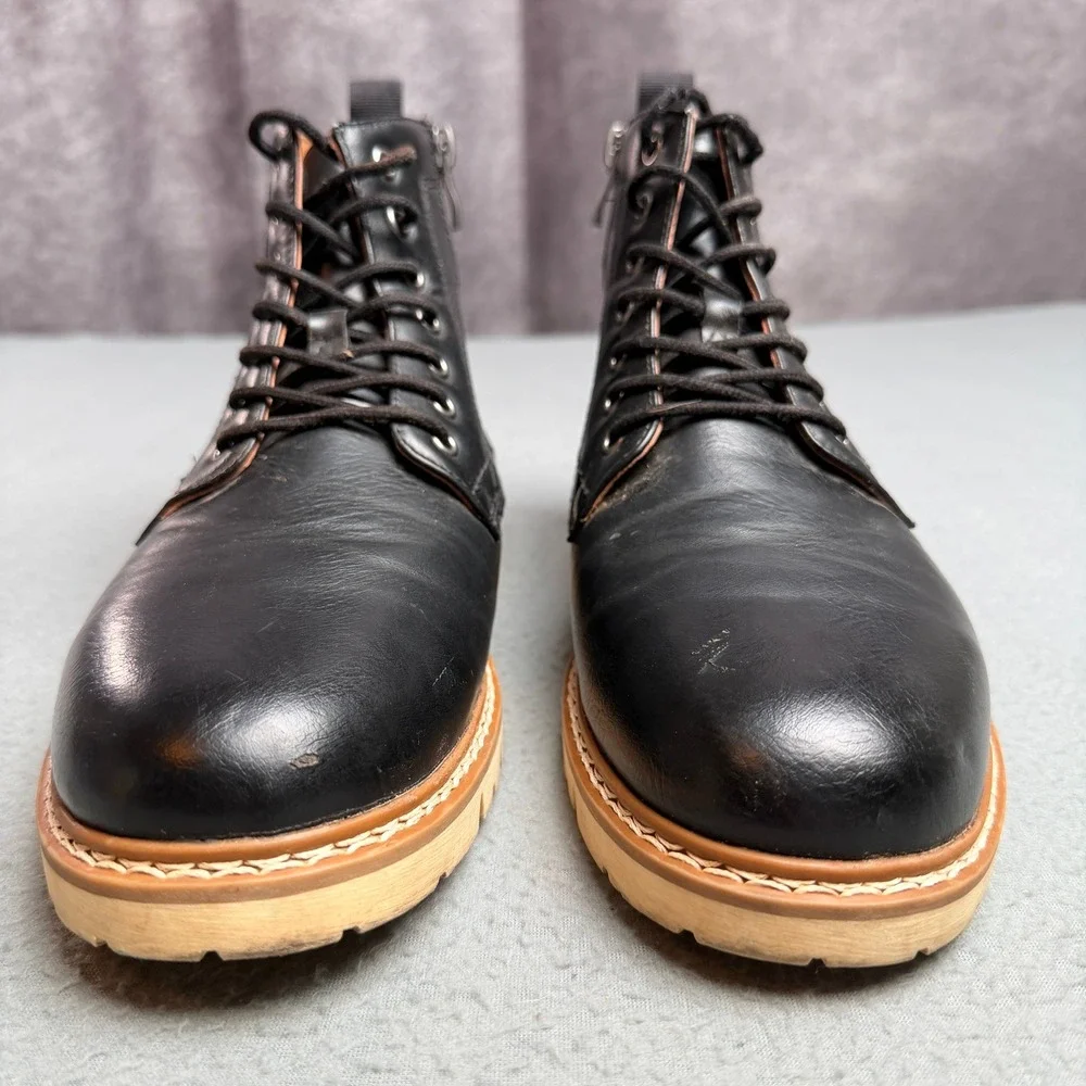 Mens Black Faux Leather Lace Up Side Zip Combat Boots Tan Lug Sole Size 9M